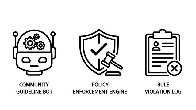 Set of content moderation icons featuring community bot policy engine rule violation log moderation community violation enforcement guidelines security management compliance clipboard