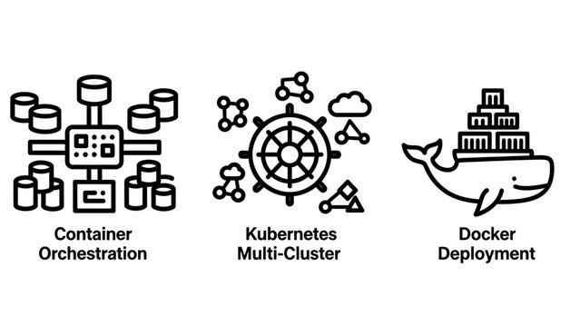 Cloud computing infrastructure icons representing container orchestration multi-cluster deployment with container orchestration kubernetes deployment computing infrastructure software platform