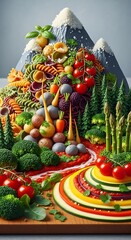 Fototapeta premium Creative miniature mountain landscape crafted from healthy food items