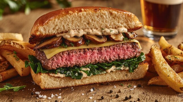 Gourmet bison burger cut in half showing medium-rare patty with saut&eacute;ed mushrooms cheese and herb aioli on artisan bun with golden fries