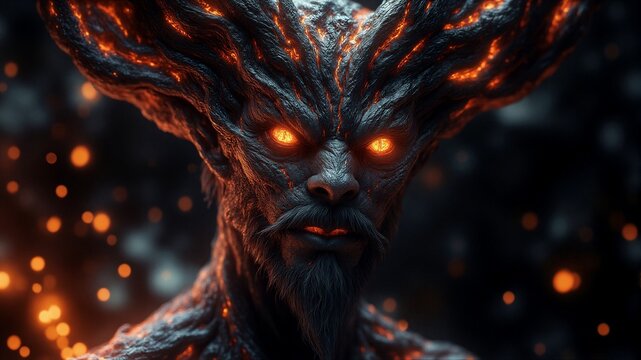 Wooden horned entity with molten veins in dark space
