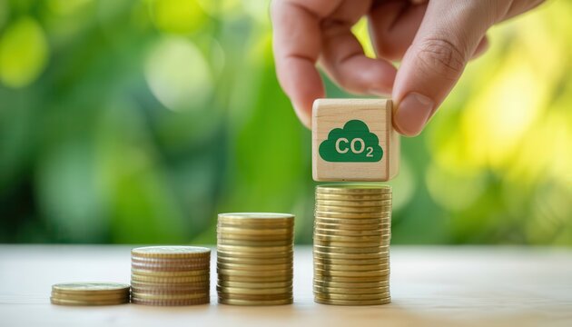 Hand stacking wooden cube with CO2 icon on coins, symbolizing carbon footprint reduction and financial investment, green bokeh background
