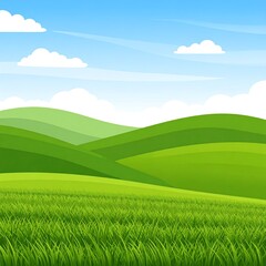 Fototapeta premium A vibrant, cartoon illustration of rolling green hills under a bright blue sky with fluffy white clouds, evoking a sense of calm