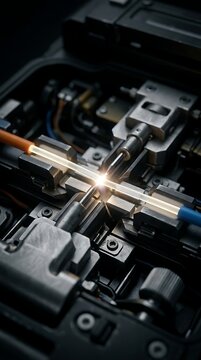 Close up of fiber optic splicing machine joining two glass fibers with a bright spark creating a strong connection for telecommunications and data transfer