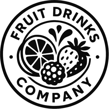 Monochrome circular logo for a fruit beverage company, depicting a refreshing splash with citrus, strawberry, and raspberry, ideal for branding natural healthy drinks