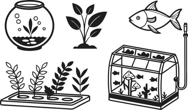 Aquaponics and aquarium vector icon set with fish tank bowl plants hydroponic grow bed and filters isolated on white backgroundAquaponics and aquarium vector icon set with fish tank bowl plants hydrop
