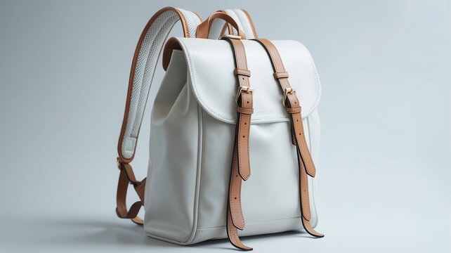 White leather backpack with brown strap and gold buckle on a light gray background