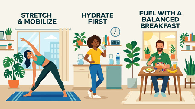 Healthy lifestyle tips for a balanced morning routine stretch, hydrate, and eat a nutritious breakfast