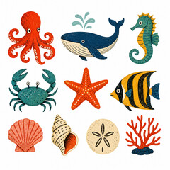 Obraz premium Sea Ocean Animals Sticker Pack - Flat Vector Illustration