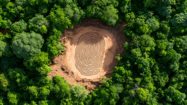 Deforestation forest aerial view fingerprint land tree clearing nature soil environment pattern cut into bare ground within dense green woodland conservation concept