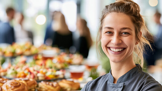 Portr&auml;t einer l&auml;chelnden Catering-Mitarbeiterin vor einem Fr&uuml;hst&uuml;cksbuffet bei einem gesch&auml;ftlichen Networking-Event.