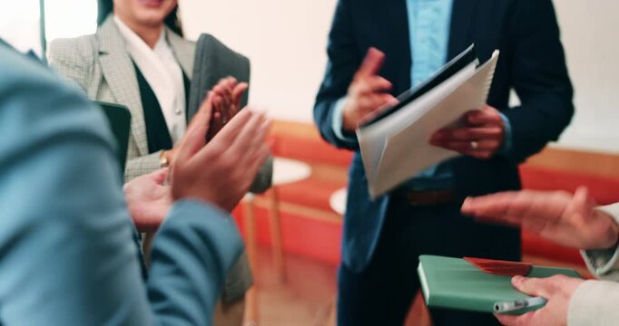 Teamwork, stack and hands of business people in office for motivation, company deal and success. Solidarity, applause and mission with employees in agency for achievement, collaboration and support