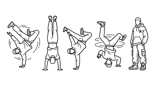 Breakdancers performing various dynamic street dance moves, showcasing the energetic and acrobatic elements of hip-hop culture in a graphic line art style.