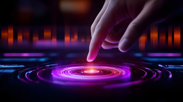 Finger touch interface hologram neon technology digital glowing purple data, human finger touching glowing holographic circle over dark futuristic interface with orange waveform