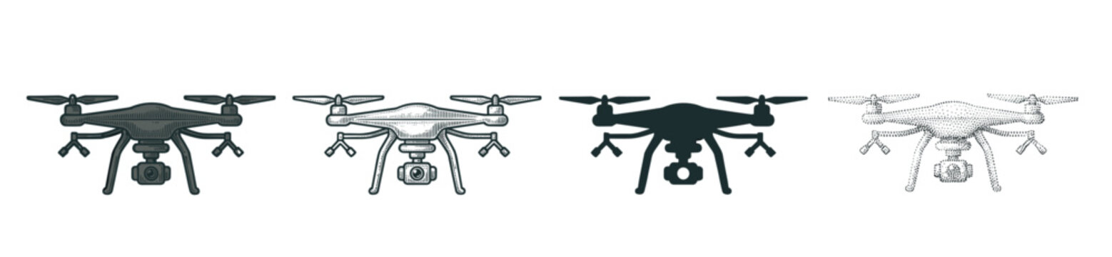 Four different styles of quadcopter drones with cameras illustrate modern aerial technology and surveillance equipment in a versatile vector collection.