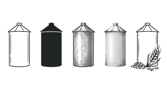 Five distinct grain silos depicted in various vintage hand-drawn illustration styles, representing agricultural storage and farming.