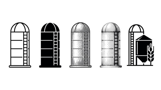 Five different grain silo icons representing agricultural storage, depicting various styles of farm structures for harvest and feed.