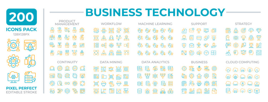 Business technology two color line icons set collection. Organization digitization solutions. Future bicolor outline mega pack isolated, pixel perfect. Duotone thin lineart. Editable stroke