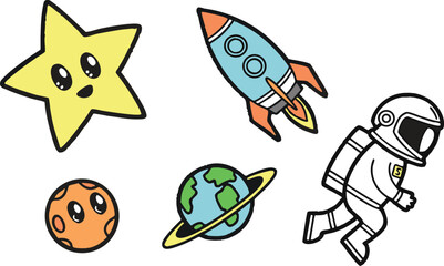 Cute outer space vector element set with cartoon astronaut rocket ship smiling star and colorful planets isolated on white background.Cute outer space vector element set with cartoon astronaut rocket  © MdAnowar
