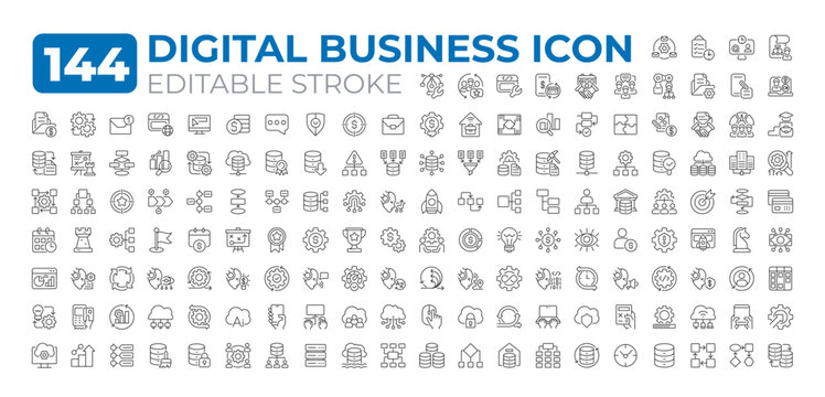 Digital business line icons big set. E commerce development strategy. Technology integration in commerce iconset outline pictograms. Isolated linear vector illustrations. Editable stroke