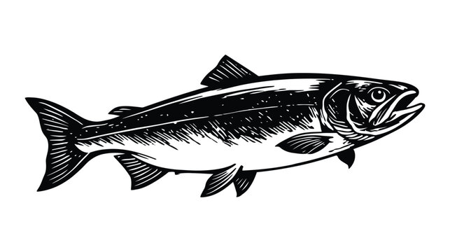 Salmon fish illustration in black and white vector drawing style