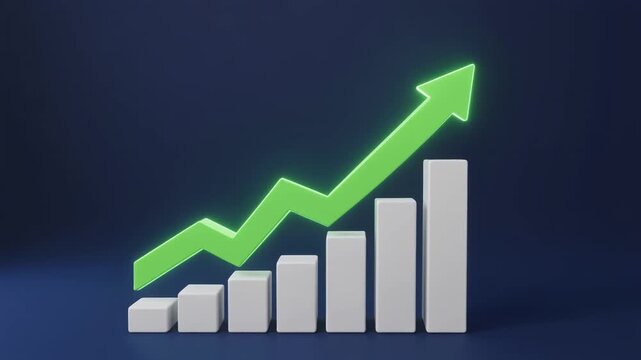 A glowing green arrow rises above white bars on a dark blue background, symbolizing financial growth, success, and upward progress in business performance and data analytics.