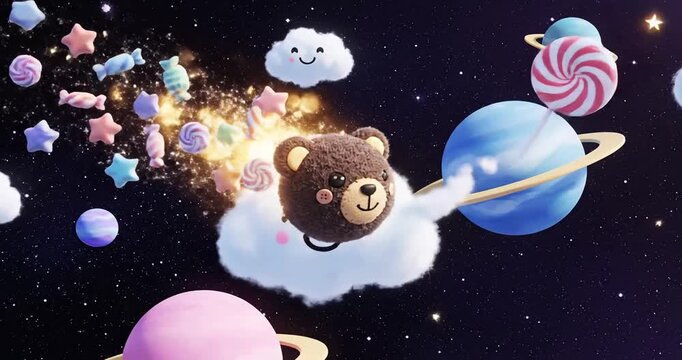 Smiling cartoon planets and clouds space.