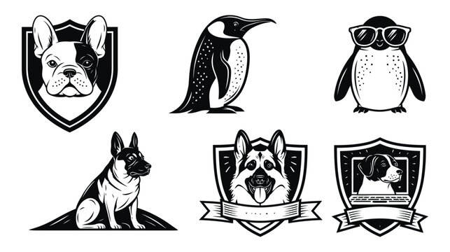Dog vector illustrations including French bulldog and penguin wearing sunglasses