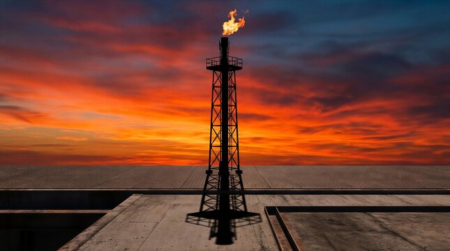 Gas flare tower burning on industrial rooftop at sunset
