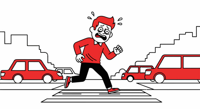 Stressed pedestrian rushing across busy city crosswalk.