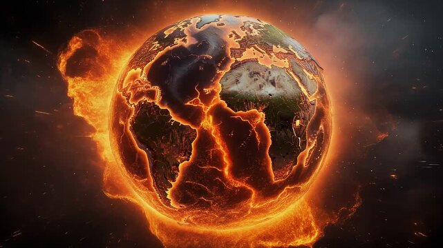 Fiery molten Earth with glowing lava flowing through cracked continents dramatic natural disaster