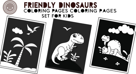 Friendly dinosaurs coloring book pages vector set for kids featuring cute prehistoric cartoon animal characters isolated on white background.Friendly dinosaurs coloring book pages vector set for kids  © MdAnowar