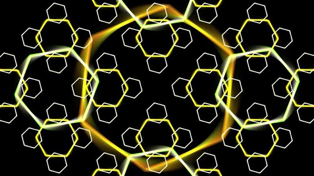 Abstract Hexagonal Pattern with Glowing Yellow Green Lines on Black Background Dynamic Animated Loop. 4K Video