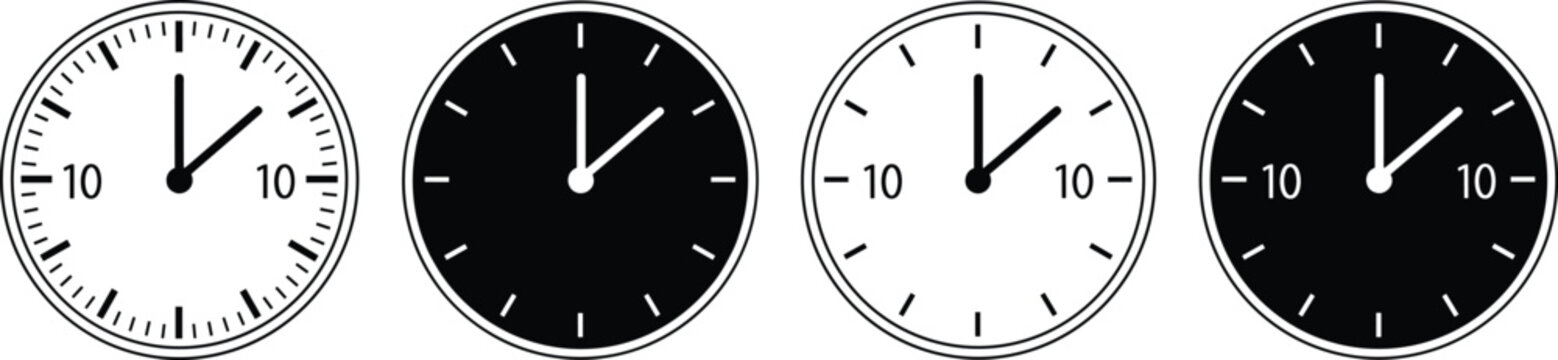 Analog clock icons set showing 1:00, black and white vector with varied face styles, time education, minimalist design illustration