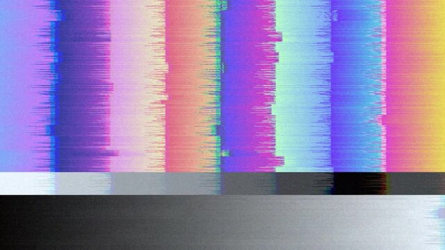 Abstract digital glitch art with colorful TV static and distorted test patterns, evoking retro broadcast interference