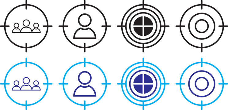 Audience targeting icon set showing individual and group focus symbols inside target circles. Vector illustration of target audience icons featuring a person silhouette inside crosshair symbol. Target