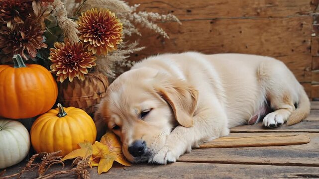 cute golden retriever puppy sleeping on wooden bench with pumpkins and flowers at fall season. Halloween and thanksgiving holiday