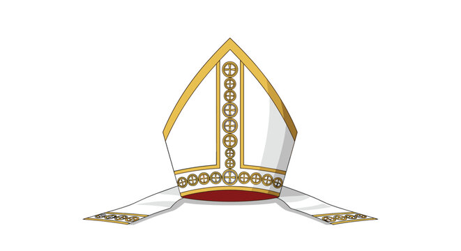 Traditional white and gold bishop's mitre with intricate embroidered patterns and long lappets symbolizing high religious authority in the church.