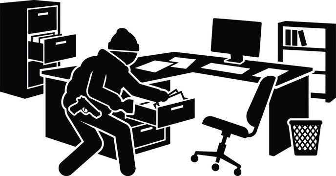 Thief burglarizing office desk, stealing documents and money with gun