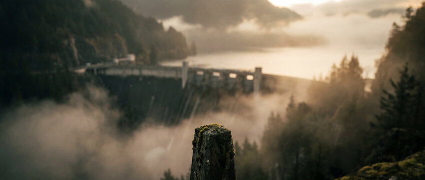 Cinematic Mountain Dam Above Fog‑Filled Valley with Moss‑Covered Foreground