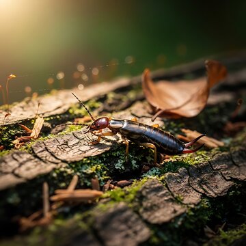 Macro shot of an earwig crawling on textured bark in golden light