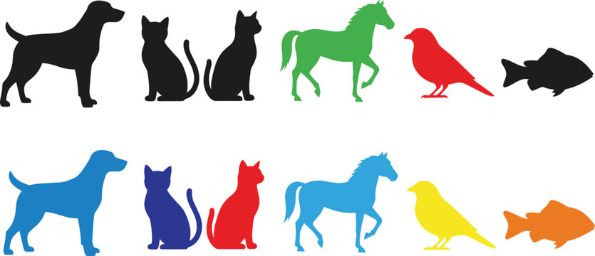 Animal silhouette and color icon set featuring pets and wildlife for education, design, and decorative illustration projects