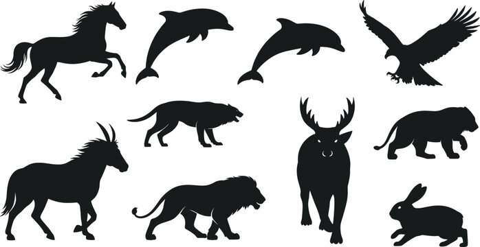 Animal silhouette vector collection, black wildlife icons, editable grid layout, commercial-ready, print-ready, premium design