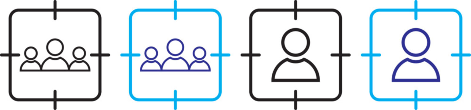 Audience targeting icon set showing individual and group focus symbols inside target circles. Vector illustration of target audience icons featuring a person silhouette inside crosshair symbol. Target
