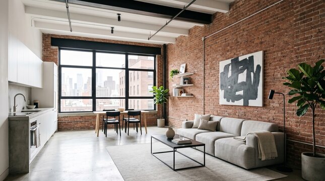 Modern industrial loft interior with exposed red brick wall, large windows, grey sofa and minimalist furniture