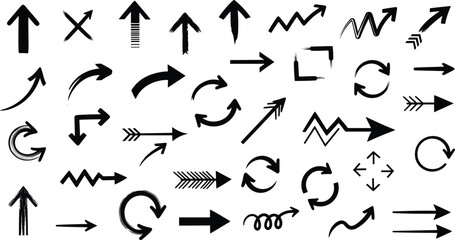 Arrow icon set featuring straight, curved, zigzag, loop, spiral, and brushstroke designs for navigation, infographic, and process flow projects © Nafij World