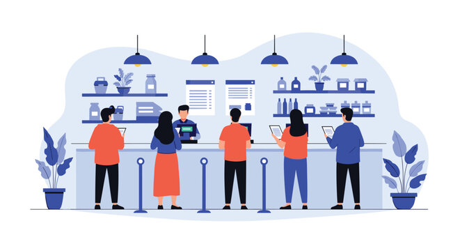 Group of diverse customers standing in a queue at a modern coffee shop counter to order drinks and snacks from a friendly barista.