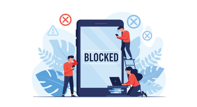 Group of users experience technical issues and error messages as they attempt to access a blocked mobile application on a large smartphone.
