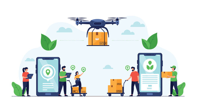 Modern logistics network utilizes drones and mobile technology to deliver packages to customers efficiently in an eco-friendly urban environment.
