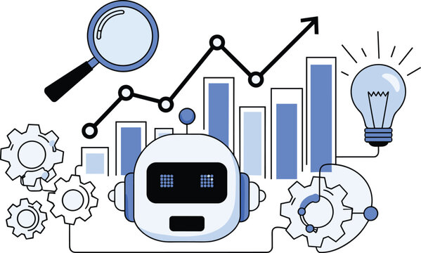 Artificial intelligence and data icons, robot, analytics, innovation, process optimization, blue tech theme, vector illustration